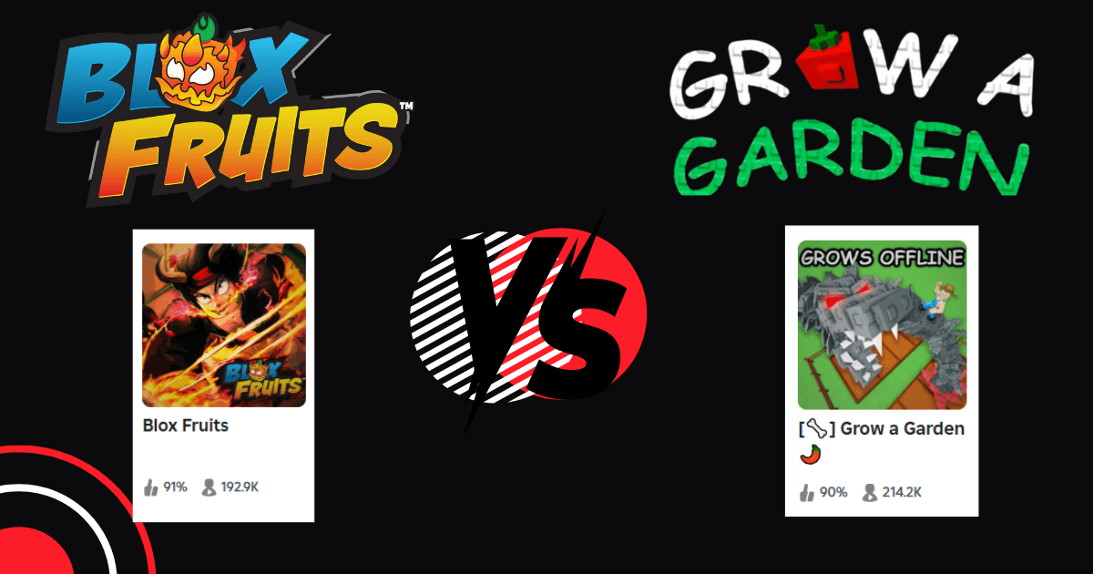 Blox Fruits and Grow a Garden gameplay comparison showing player statistics and game screenshots